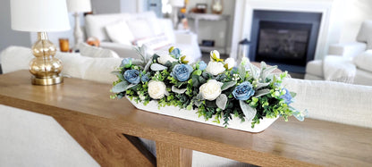 Farmhouse Table Centerpiece – Blue White Silk Flowers Dough Bowl