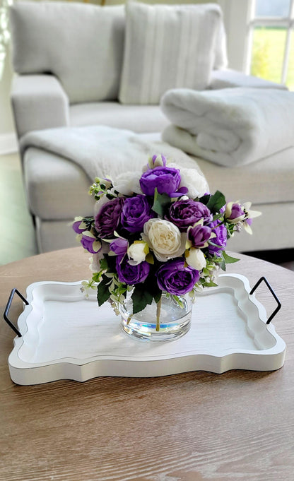 Lavender Purple Centerpiece Elegant Silk Flower Arrangement Cream Ivory Accent Blooms Glass Vase Display Artificial Peony Collection Beautiful Home Styling Gift Perfect Dining Table Office Desk Realistic Design Maintenance Free Ready To