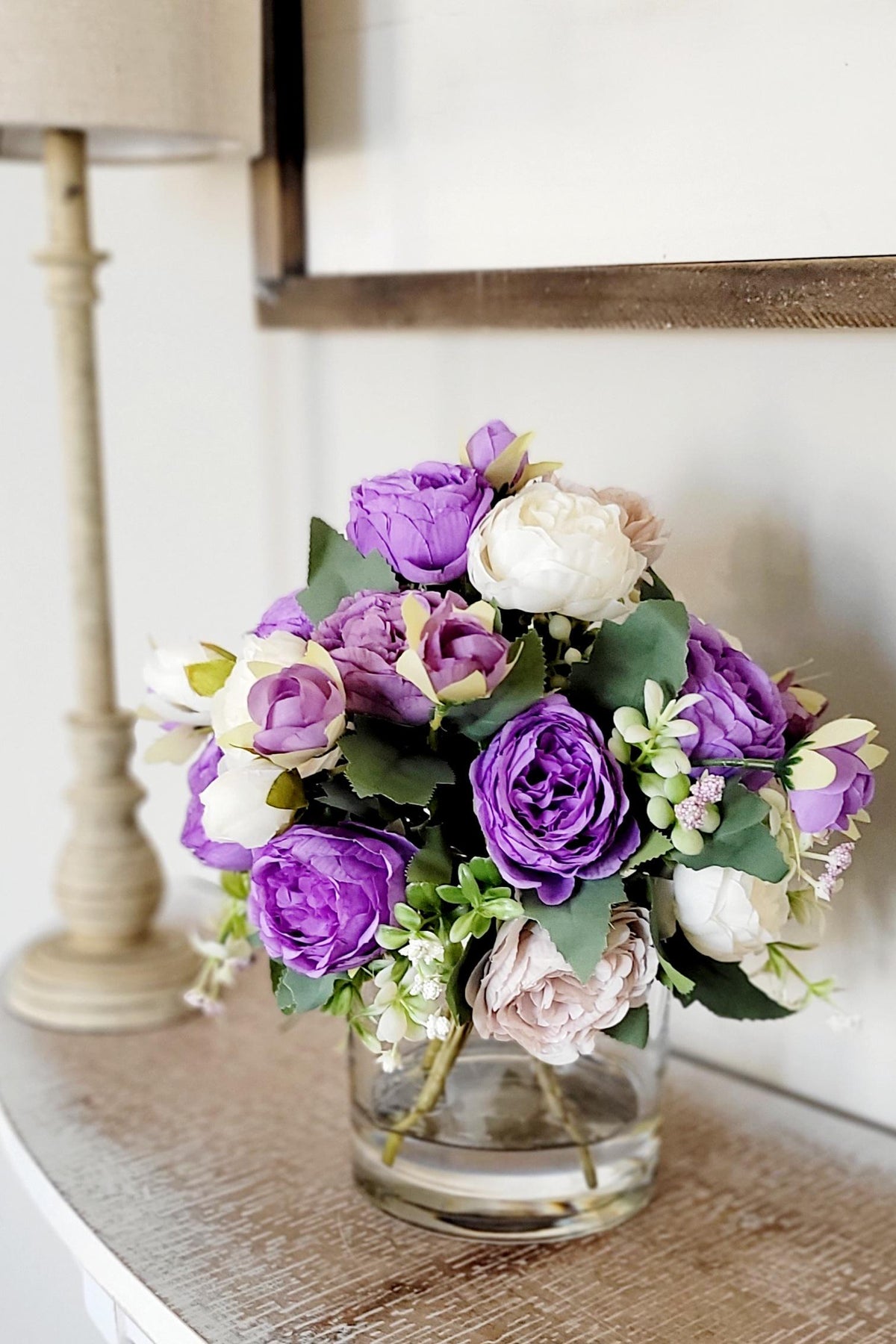 Glass Vase Centerpiece Purple Silk Flowers Artificial Peony Arrangement Lavender Cream Blooms Elegant Home Styling Dining Room Table Display Office Desk Accent Beautiful Gift Collection Wedding Bridal Shower Housewarming Present Maintenance