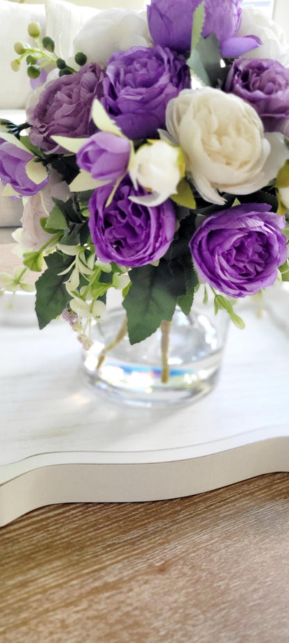 Centerpiece Arrangement Purple Silk Peony Glass Vase Display Wedding Table Collection Bridal Shower Gift Ready Display Dining Room Office Desk Styling Lavender Artificial Flower Home Accent Realistic Resin Water Effect Elegant Floral Design