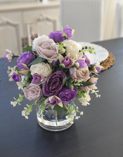 Purple Lavender Peony Silk Flower Glass Vase Centerpiece Wedding Reception Table Display Bridal Shower Gift Collection Dining Room Office Desk Styling Artificial Flower Home Enhancement Elegant Arrangement Ready Display Realistic Resin