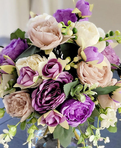 Purple Flower Centerpiece – Silk Peony Arrangement in Glass Vase
