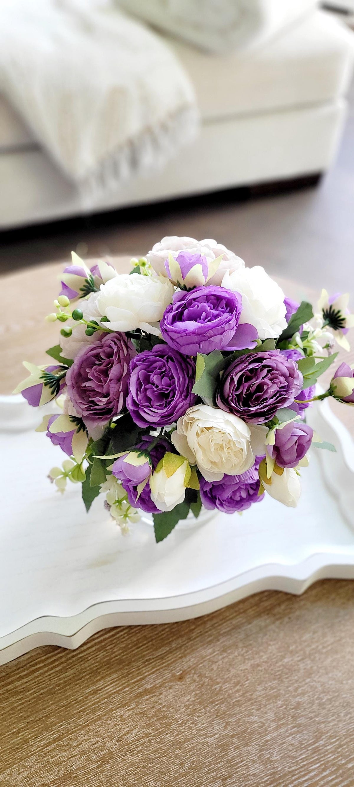 Purple Flower Centerpiece – Silk Peony Arrangement in Glass Vase