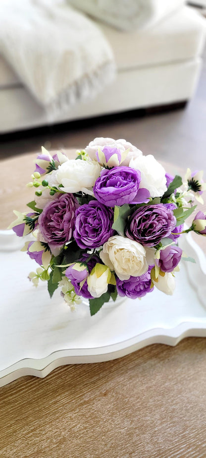 Purple Flower Centerpiece – Silk Peony Arrangement in Glass Vase