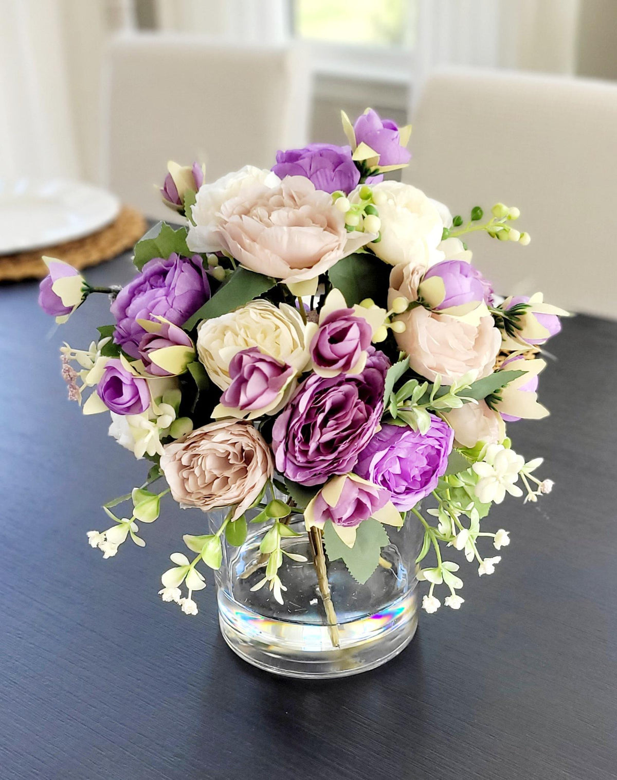 Purple Flower Centerpiece – Silk Peony Arrangement in Glass Vase
