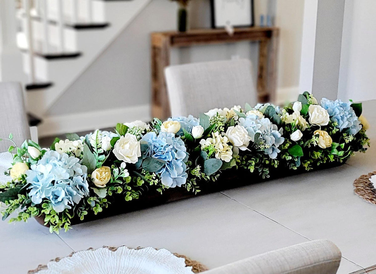 Farmhouse Dining Table Centerpiece Wooden Dough Bowl Arrangement Blue Hydrangea Yellow Peony Silk Flowers Rustic Kitchen Counter Display Long Rectangular Bowl Artificial Floral Design Maintenance Free Year Round Beauty Perfect Housewarming