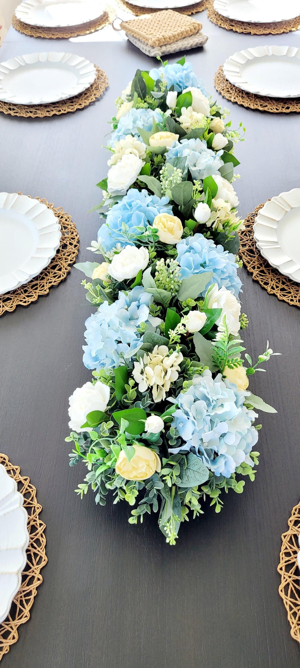 Rustic Home Styling Centerpiece Long Wooden Bowl Arrangement Blue Hydrangea Silk Flowers Yellow Peony Floral Display Farmhouse Dining Table Design Artificial Flower Collection Kitchen Counter Mantel Display Ready To Style Maintenance Free