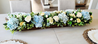 Silk Flower Centerpiece Blue Hydrangea Yellow Peony Arrangement Wooden Dough Bowl Display Farmhouse Kitchen Table Styling Rustic Dining Room Accent Artificial Floral Design Long Rectangular Bowl Maintenance Free Year Round Beauty