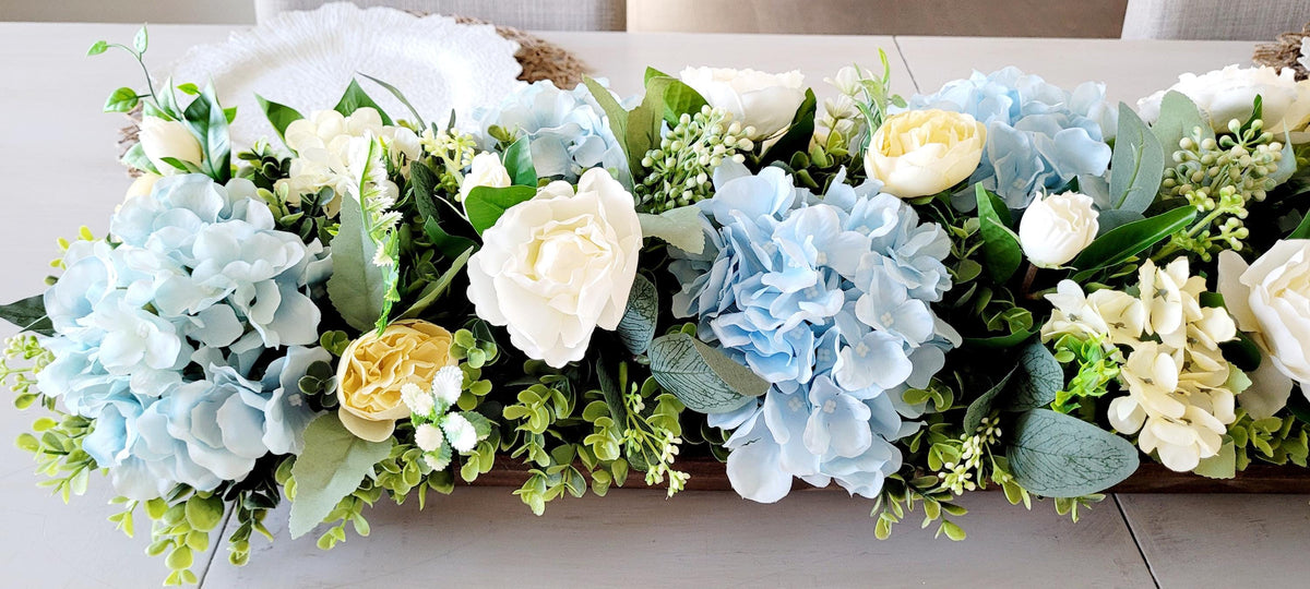Wooden Dough Bowl Centerpiece – Blue Hydrangea & Yellow Peony Arrangement