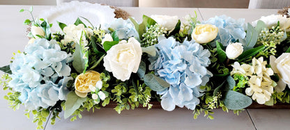 Wooden Dough Bowl Centerpiece – Blue Hydrangea & Yellow Peony Arrangement