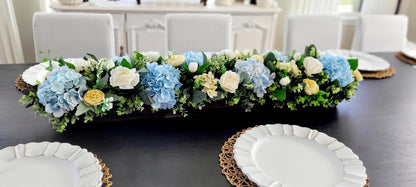 Wooden Dough Bowl Centerpiece – Blue Hydrangea & Yellow Peony Arrangement