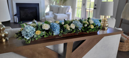 Wooden Dough Bowl Centerpiece – Blue Hydrangea & Yellow Peony Arrangement
