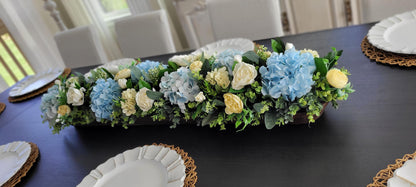 Wooden Dough Bowl Centerpiece – Blue Hydrangea & Yellow Peony Arrangement