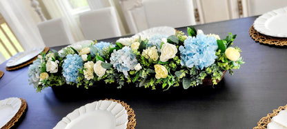 Wooden Dough Bowl Centerpiece – Blue Hydrangea & Yellow Peony Arrangement