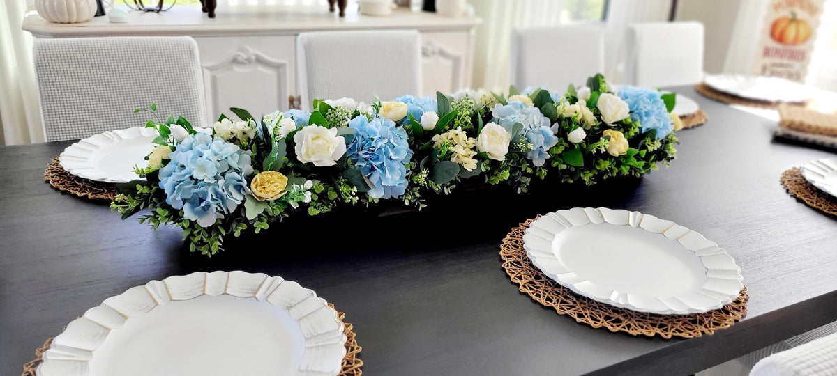Wooden Dough Bowl Centerpiece – Blue Hydrangea & Yellow Peony Arrangement