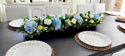 Wooden Dough Bowl Centerpiece – Blue Hydrangea & Yellow Peony Arrangement