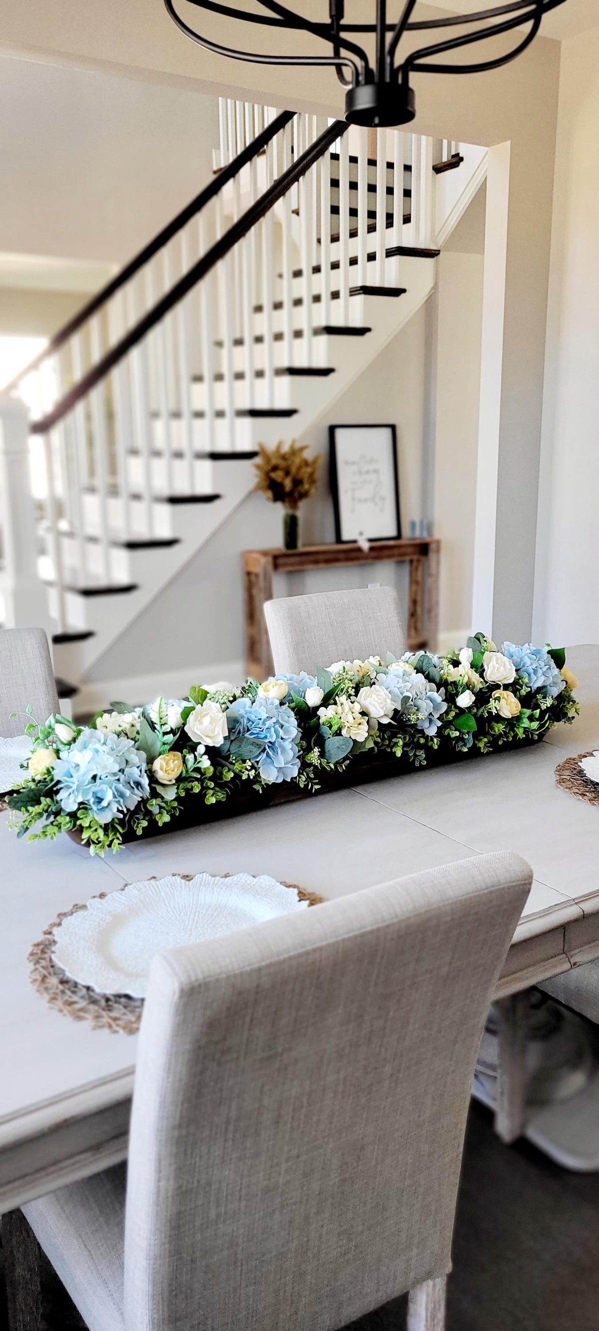 Wooden Dough Bowl Centerpiece – Blue Hydrangea & Yellow Peony Arrangement