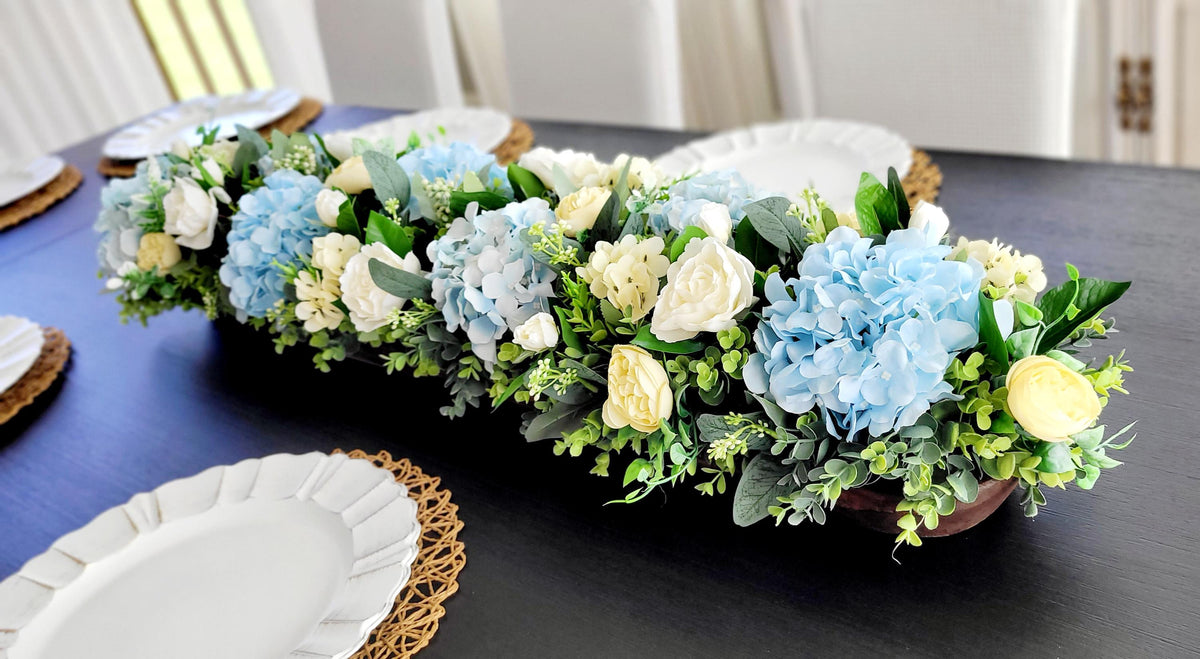 Wooden Dough Bowl Centerpiece – Blue Hydrangea & Yellow Peony Arrangement