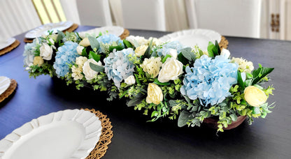 Wooden Dough Bowl Centerpiece – Blue Hydrangea & Yellow Peony Arrangement