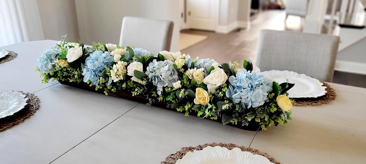 Wooden Dough Bowl Centerpiece – Blue Hydrangea & Yellow Peony Arrangement