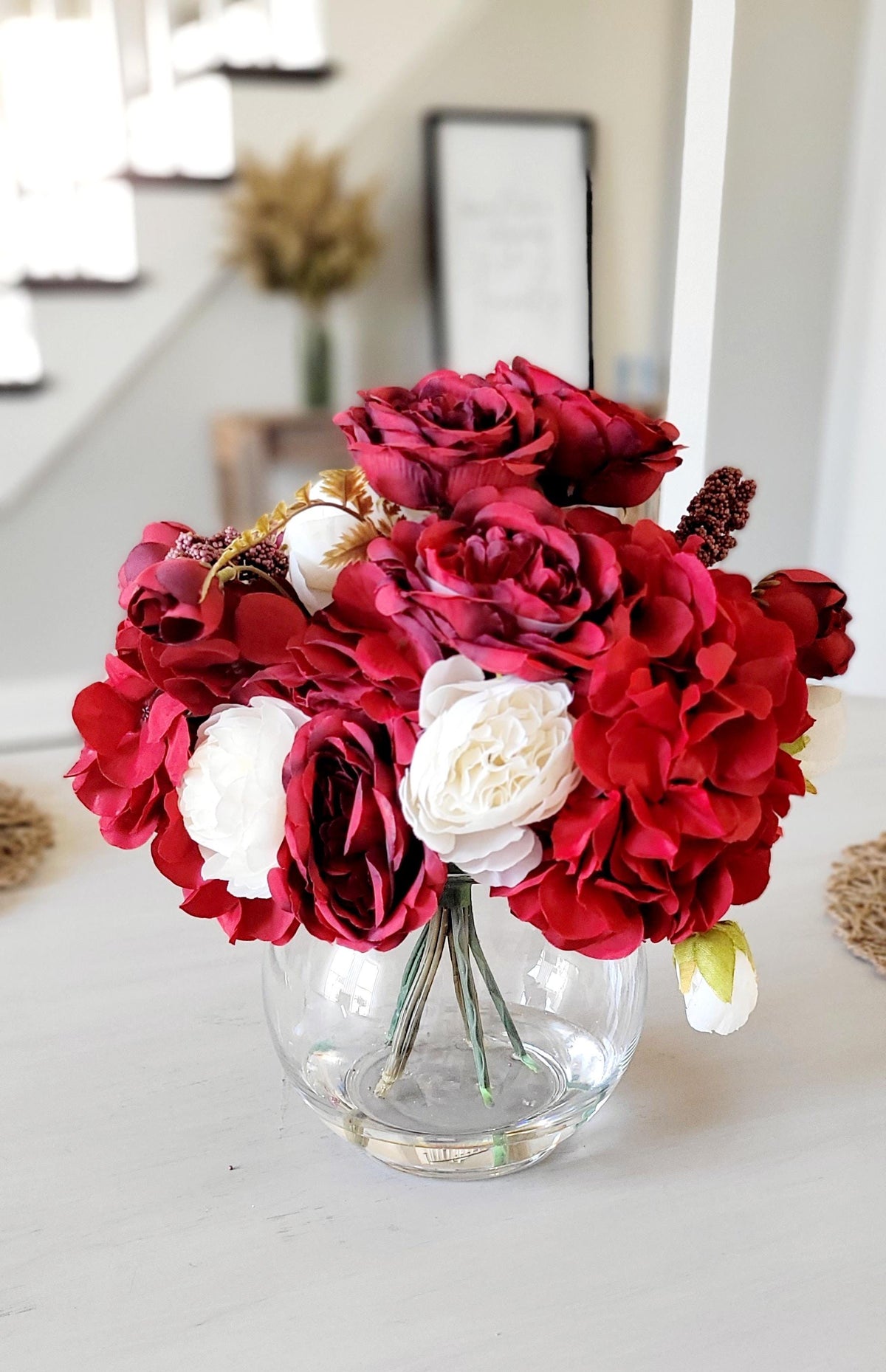 Artificial Flower Arrangement Red Roses Burgundy Roses Silk Flower Centerpiece Dining Table Styling Glass Vase Display Faux Floral Arrangement Wedding Table Styling Valentine Centerpiece Gift Romantic Home Styling Cream Peony Blooms Berry