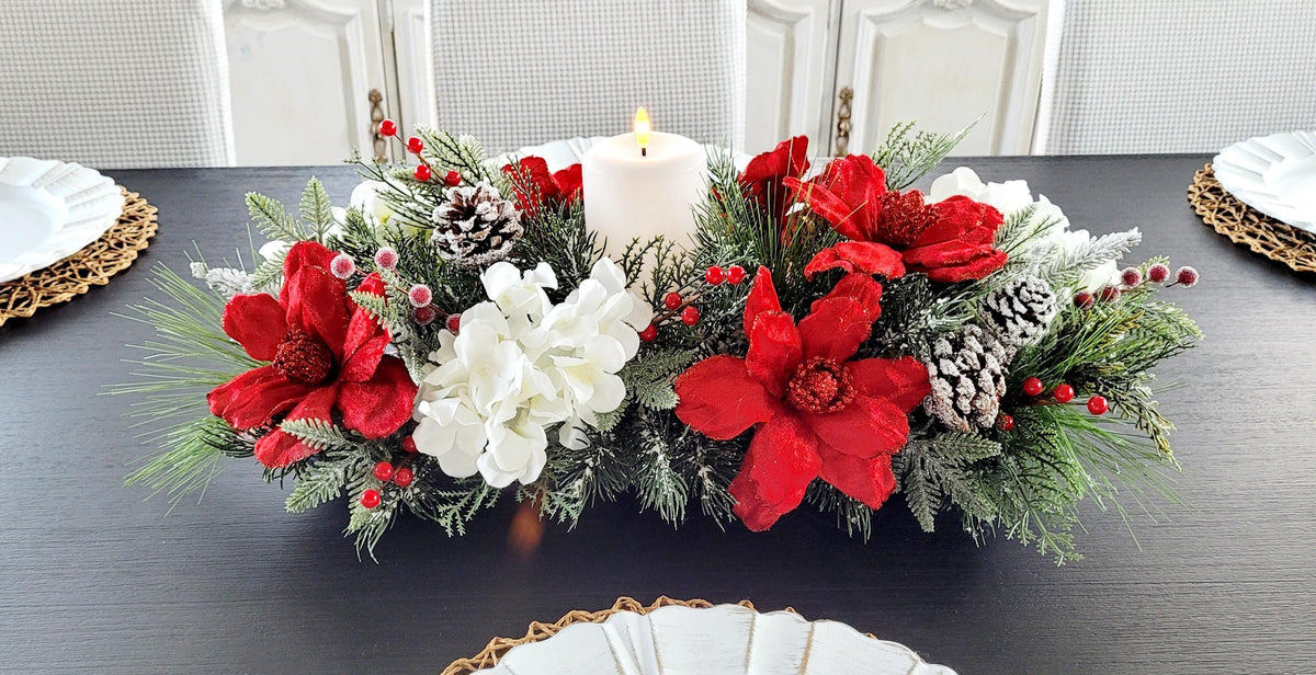 Christmas Table Centerpiece – Farmhouse Dough Bowl Red Poinsettia