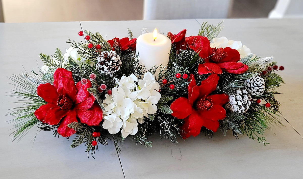 Christmas Table Centerpiece – Farmhouse Dough Bowl Red Poinsettia