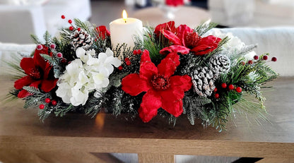 Christmas Table Centerpiece – Farmhouse Dough Bowl Red Poinsettia