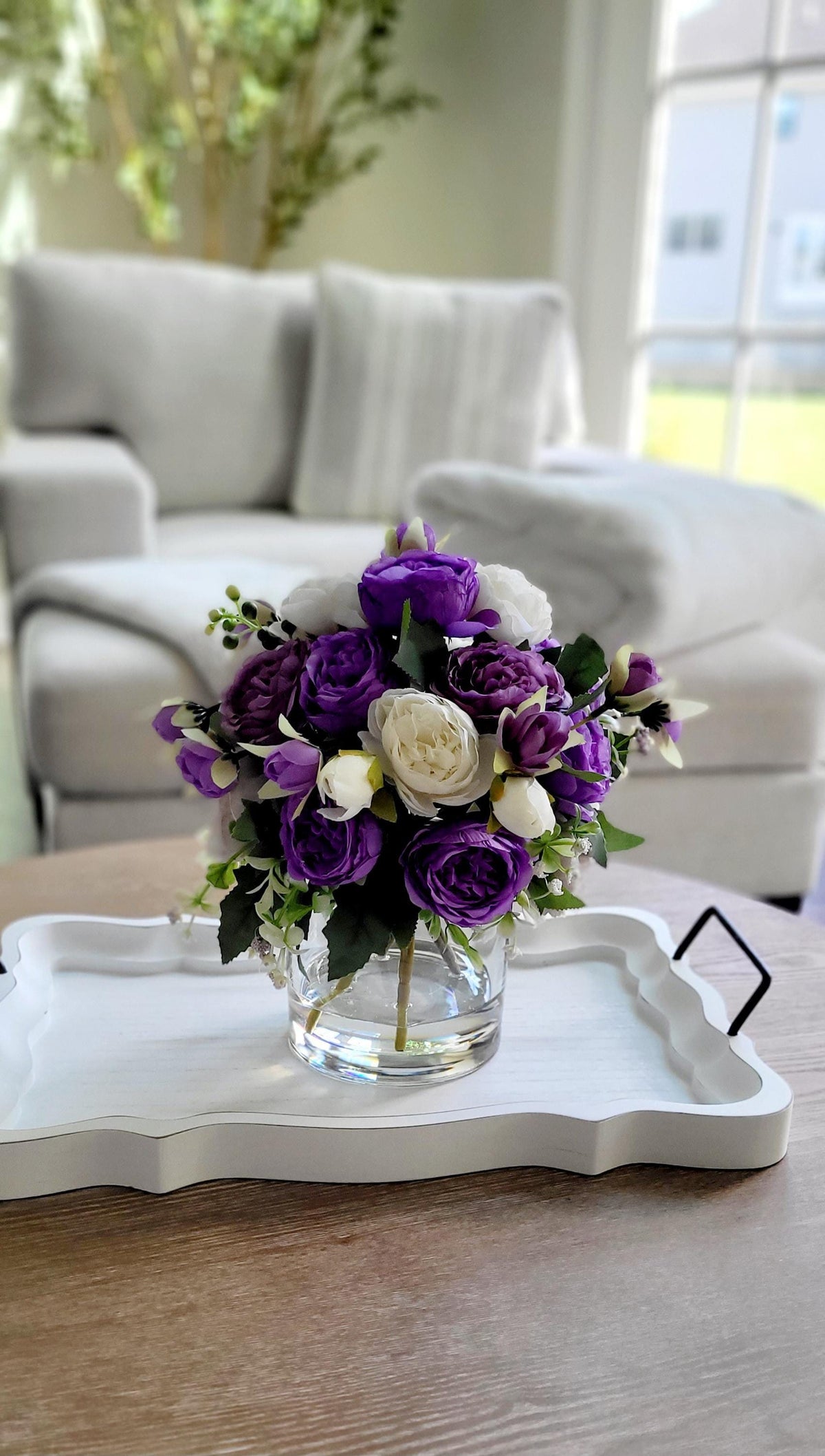 Silk Peony Arrangement Maintenance Free Centerpiece Purple Lavender Flowers Glass Vase Display Artificial Blooms Lifelike Realistic Design Beautiful Home Styling Elegant Table Accent Wedding Gift Bridal Shower Present Dining Room Office