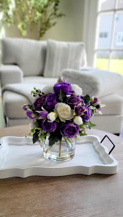 Silk Peony Arrangement Maintenance Free Centerpiece Purple Lavender Flowers Glass Vase Display Artificial Blooms Lifelike Realistic Design Beautiful Home Styling Elegant Table Accent Wedding Gift Bridal Shower Present Dining Room Office