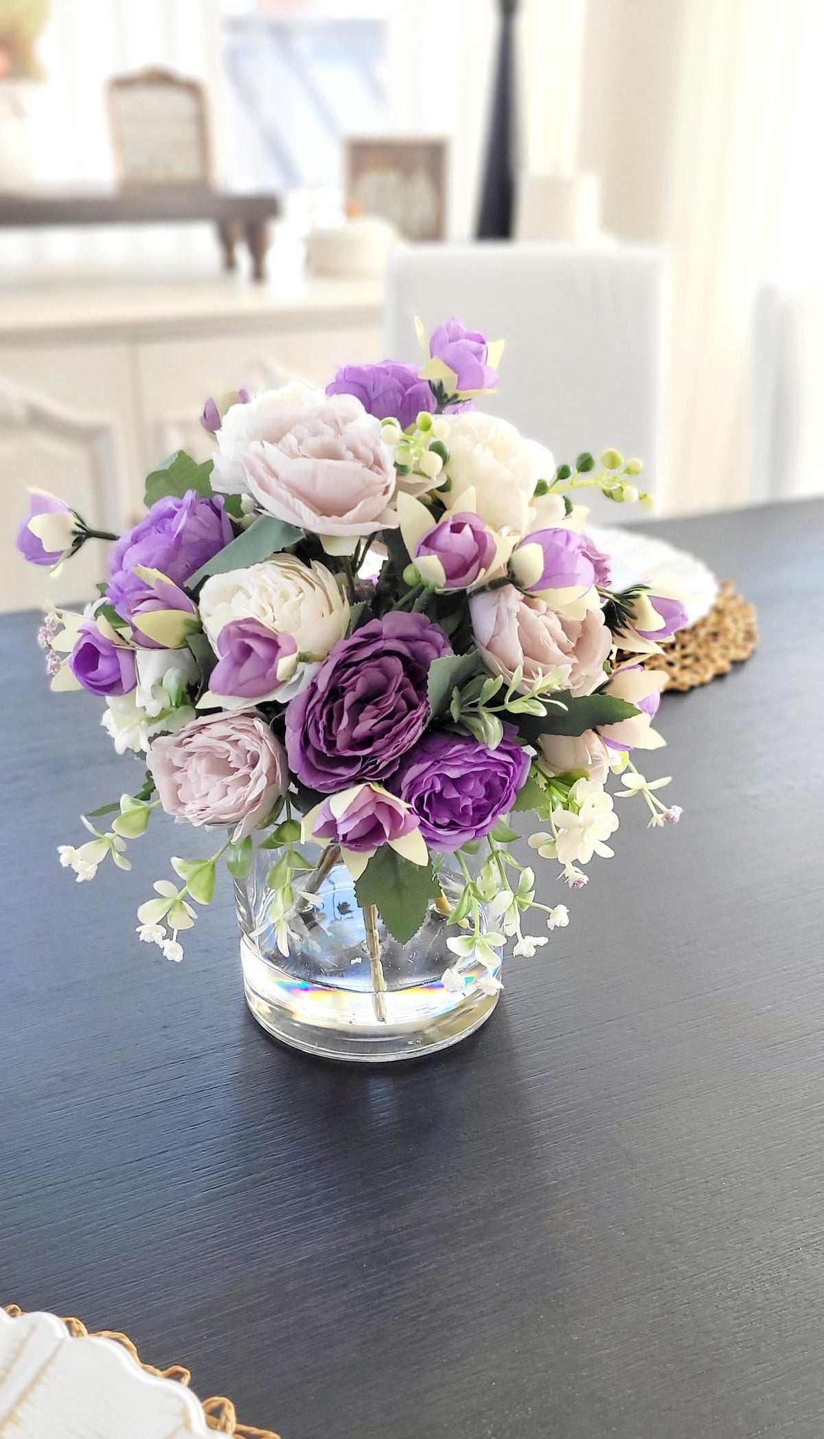 Purple Flower Centerpiece – Silk Peony Arrangement in Glass Vase