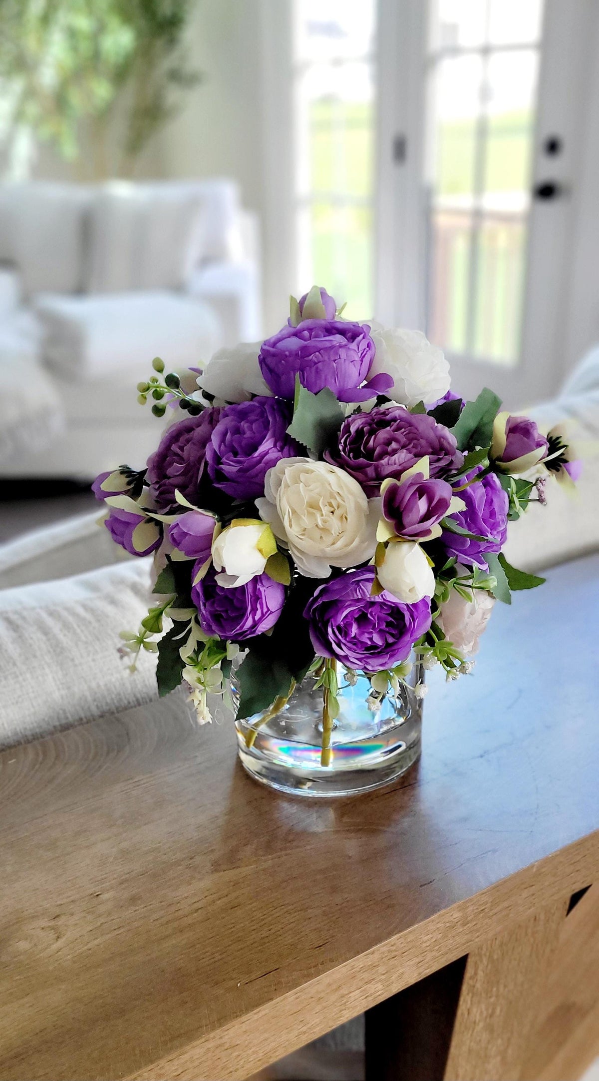 Purple Silk Flower Centerpiece Wedding Table Arrangement Artificial Peony Display Glass Vase Collection Lavender Cream Blooms Bridal Shower Gift Elegant Dining Room Styling Lifelike Realistic Design Maintenance Free Home Accent Ready To