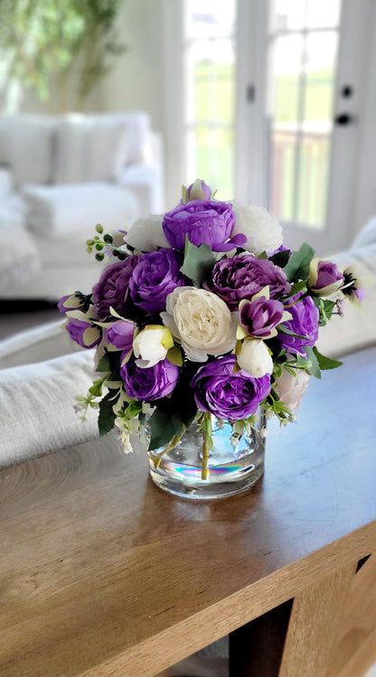 Purple Silk Flower Centerpiece Wedding Table Arrangement Artificial Peony Display Glass Vase Collection Lavender Cream Blooms Bridal Shower Gift Elegant Dining Room Styling Lifelike Realistic Design Maintenance Free Home Accent Ready To