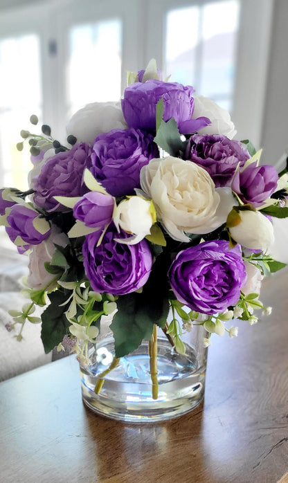 Artificial Flower Arrangement Purple Peony Centerpiece Glass Vase Display Silk Floral Gift Housewarming Present Beautiful Home Styling Lavender Ivory Blooms Elegant Dining Table Accent Office Desk Display Ready To Enjoy Maintenance Free