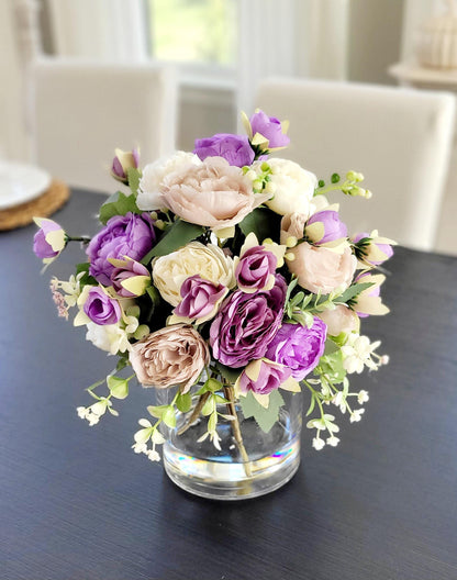 Purple Flower Centerpiece – Silk Peony Arrangement in Glass Vase
