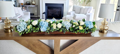 Handcrafted Wooden Bowl Centerpiece Rustic Dough Bowl Arrangement Blue Hydrangea Yellow Peony Display Silk Flower Collection Farmhouse Dining Table Styling Kitchen Counter Accent Long Rectangular Design Artificial Floral Arrangement