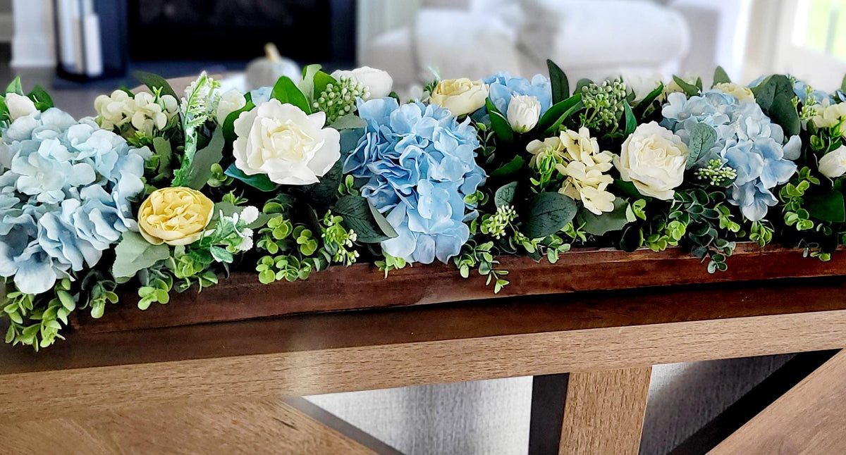 Long Table Centerpiece Arrangement Wooden Dough Bowl Display Blue Hydrangea Yellow Peony Silk Flowers Farmhouse Kitchen Styling Rustic Dining Room Design Artificial Floral Collection Maintenance Free Year Round Beauty Perfect Housewarming
