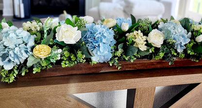 Long Table Centerpiece Arrangement Wooden Dough Bowl Display Blue Hydrangea Yellow Peony Silk Flowers Farmhouse Kitchen Styling Rustic Dining Room Design Artificial Floral Collection Maintenance Free Year Round Beauty Perfect Housewarming