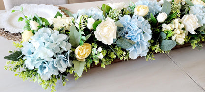 Wooden Dough Bowl Centerpiece – Blue Hydrangea & Yellow Peony Arrangement