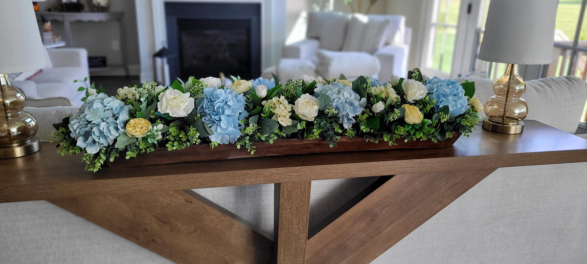 Wooden Dough Bowl Centerpiece – Blue Hydrangea & Yellow Peony Arrangement