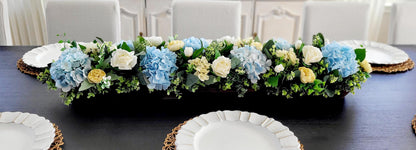 Wooden Dough Bowl Centerpiece – Blue Hydrangea & Yellow Peony Arrangement
