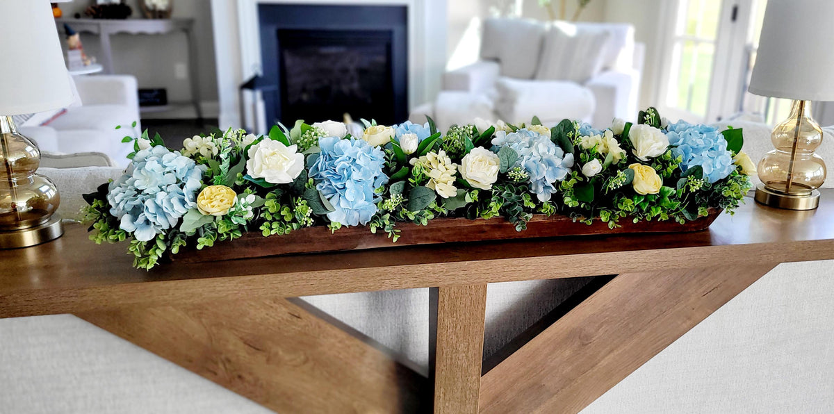 Wooden Dough Bowl Centerpiece – Blue Hydrangea & Yellow Peony Arrangement