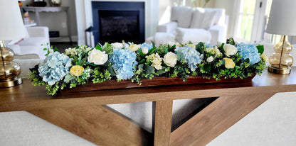 Wooden Dough Bowl Centerpiece – Blue Hydrangea & Yellow Peony Arrangement