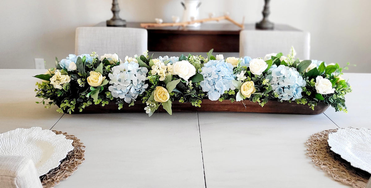 Wooden Dough Bowl Centerpiece – Blue Hydrangea & Yellow Peony Arrangement
