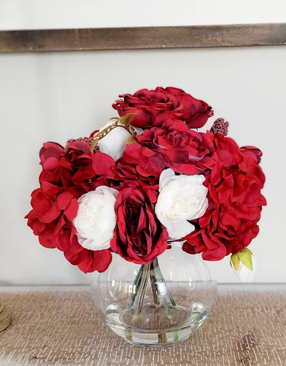 Silk Flower Centerpiece Red Rose Arrangement Burgundy Wedding Centerpiece Artificial Roses Glass Vase Styling Dining Table Styling Faux Floral Gift Valentine Centerpiece Romantic Home Styling Cream Peony Accents Berry Details Elegant Table