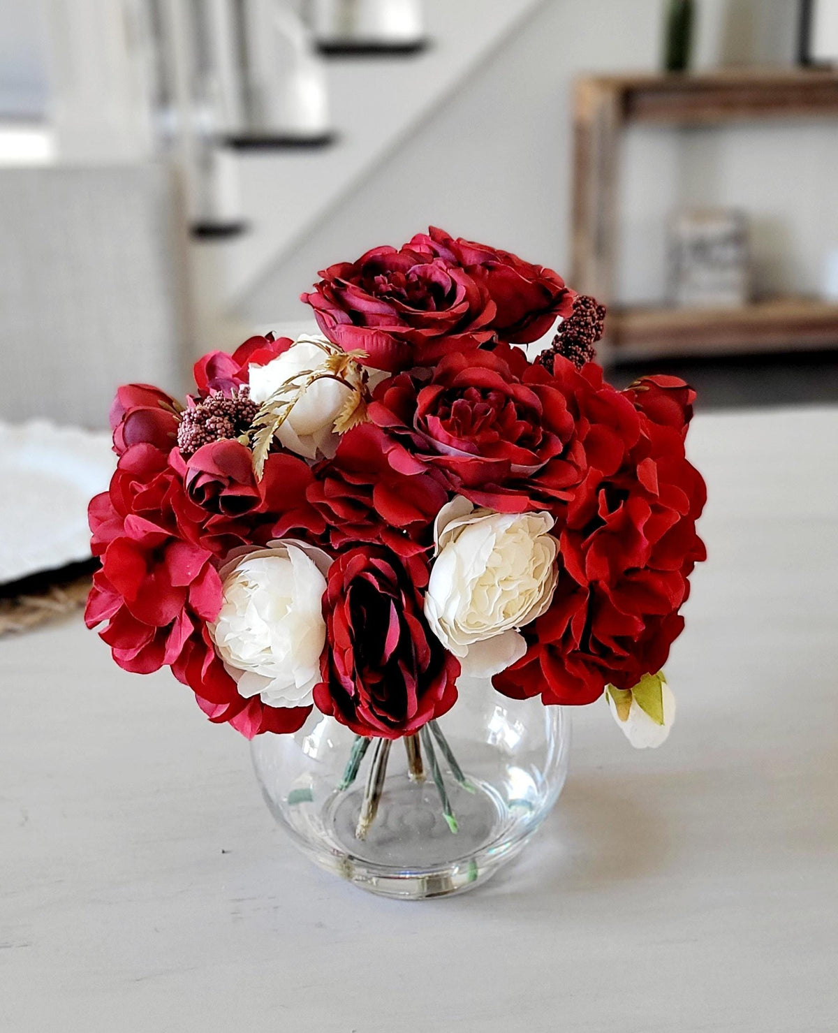 Red Rose Centerpiece Silk Flower Arrangement Dining Table Centerpiece Artificial Roses Burgundy Wedding Table Centerpiece Glass Vase Arrangement Romantic Home Styling Faux Floral Arrangement Valentine Centerpiece Gift Elegant Table Setting