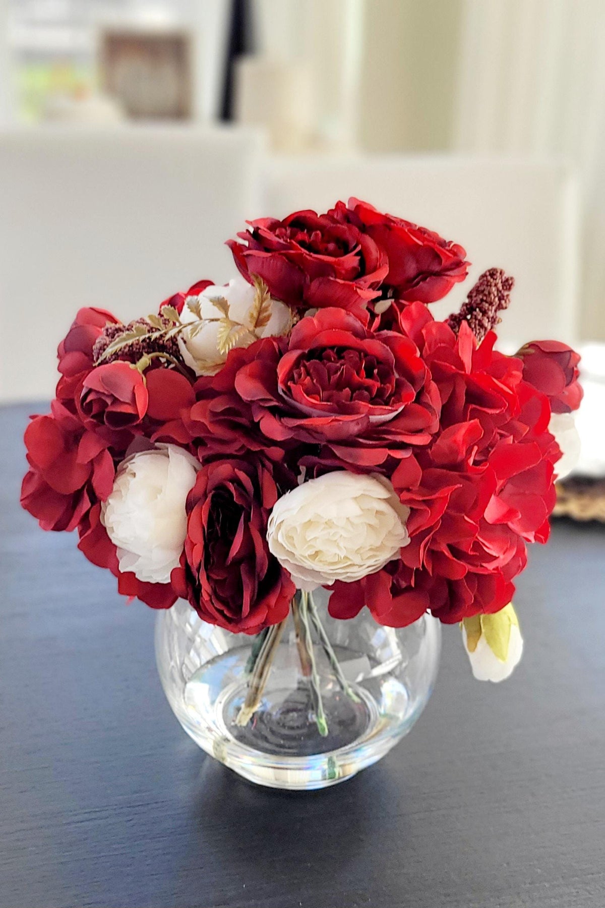 Burgundy Rose Centerpiece Silk Flower Arrangement Artificial Roses Dining Table Gift Glass Vase Centerpiece Wedding Table Styling Faux Floral Arrangement Valentine Gift Romantic Table Styling Red Rose Display Cream Peony Blooms Berry