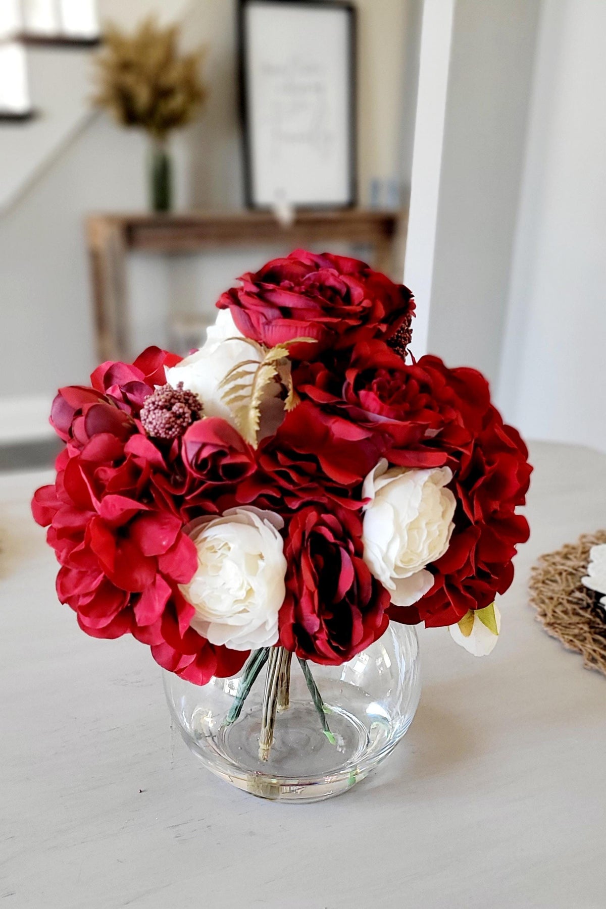 Red Rose Centerpiece – Silk Flower Arrangement for Dining Table
