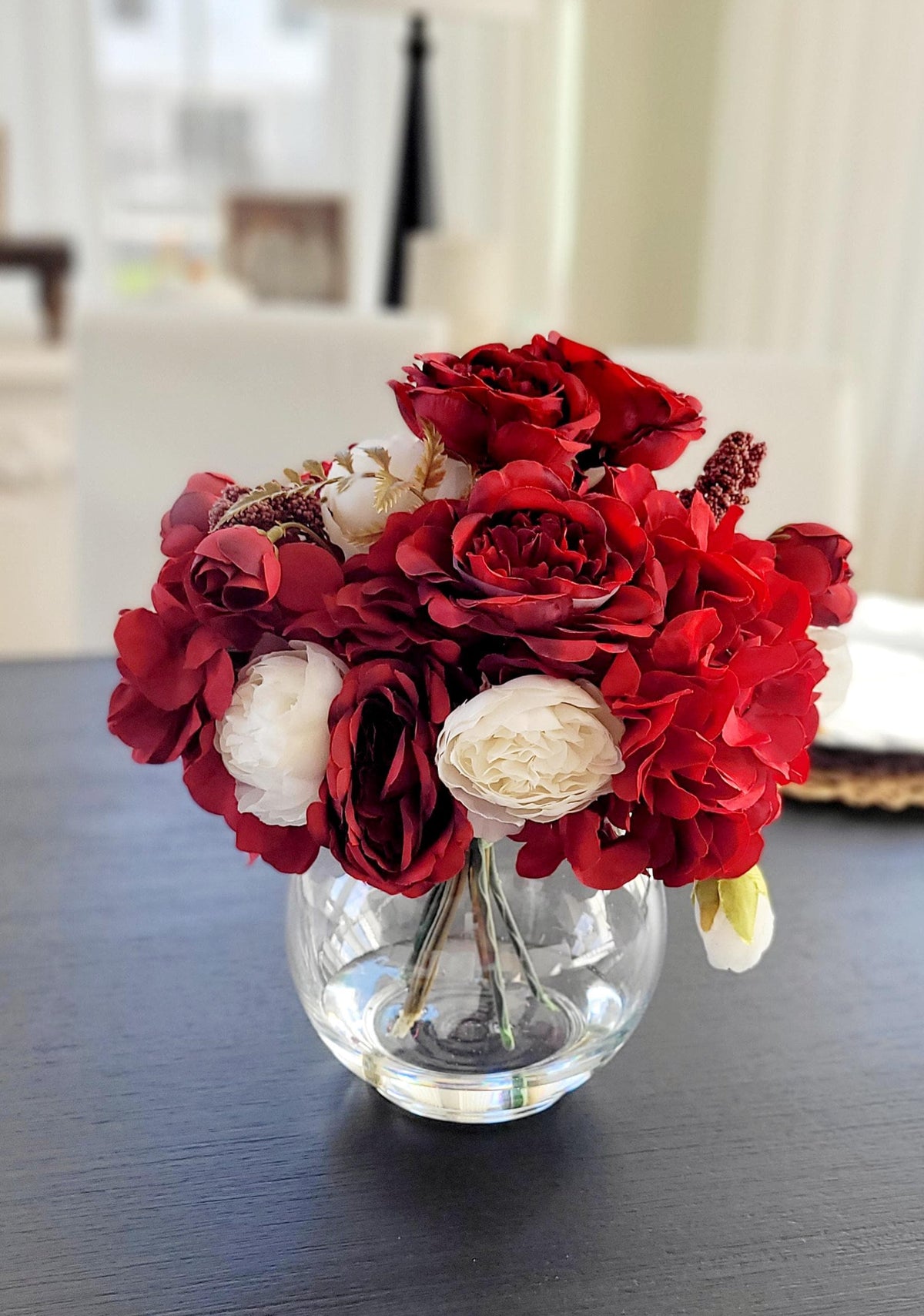 Faux Floral Centerpiece Red Rose Arrangement Silk Roses Burgundy Roses Artificial Flower Styling Glass Vase Gift Dining Table Centerpiece Wedding Table Gift Valentine Centerpiece Romantic Home Gift Cream Peony Accents Berry Details Elegant