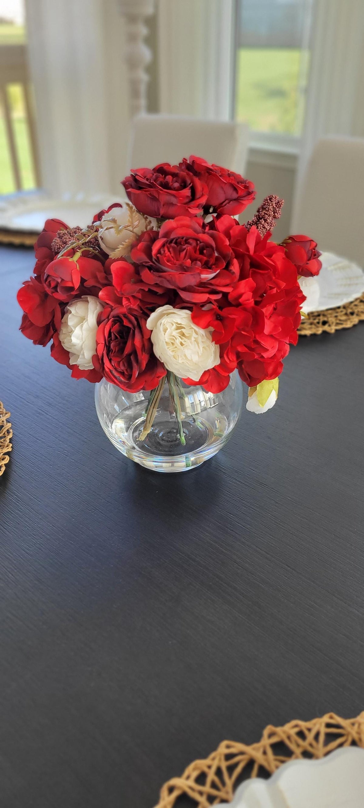 Red Rose Centerpiece – Silk Flower Arrangement for Dining Table